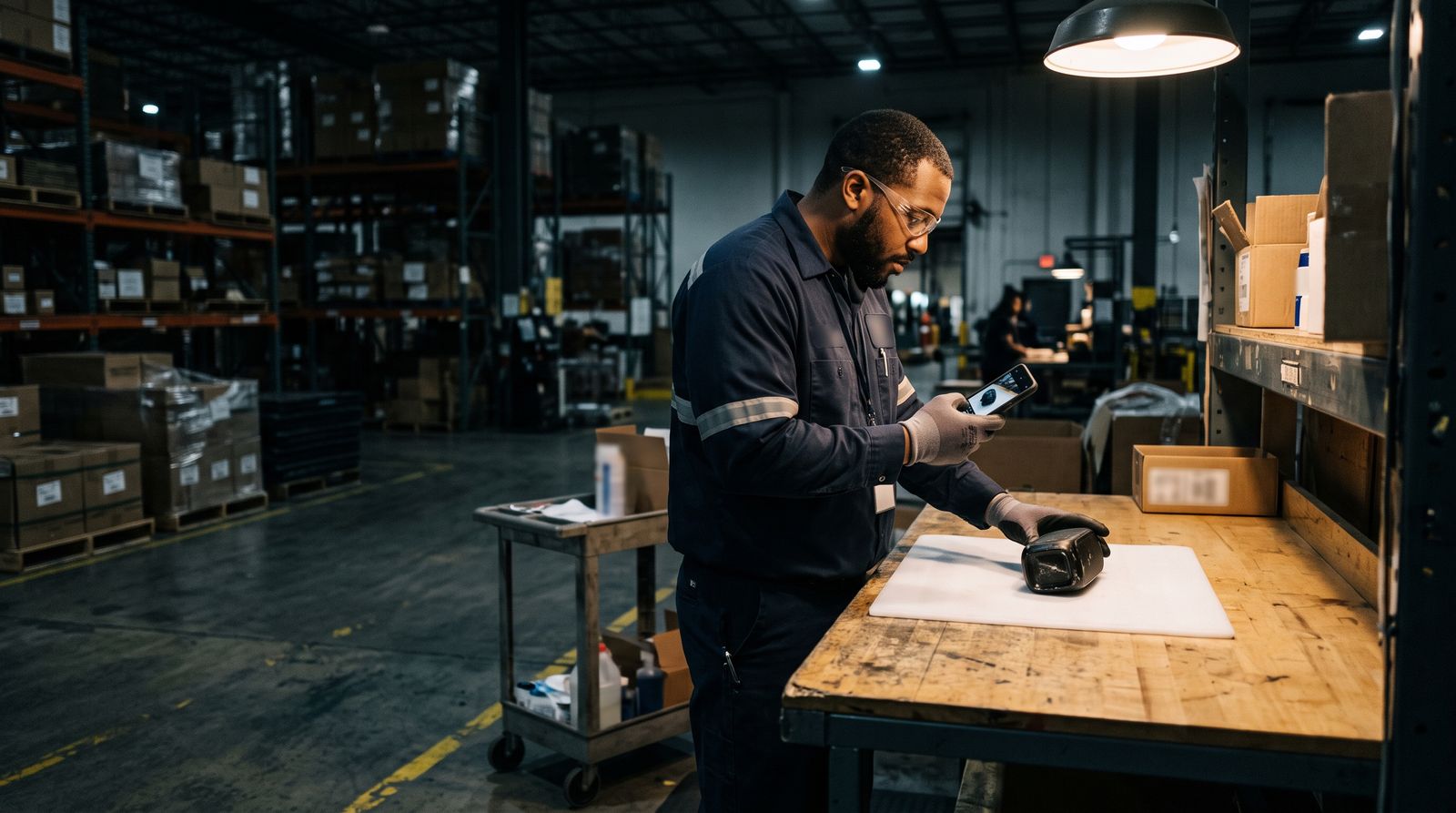 Warehouse worker photographing a returned item at a grading station