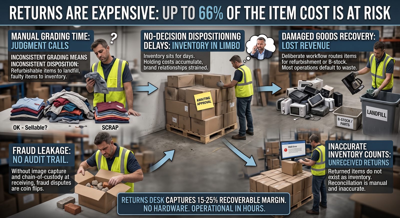 Infographic showing the five cost drivers behind expensive returns processing: manual grading time, no-decision dispositioning delays, damaged goods recovery, fraud leakage, and inaccurate inventory counts