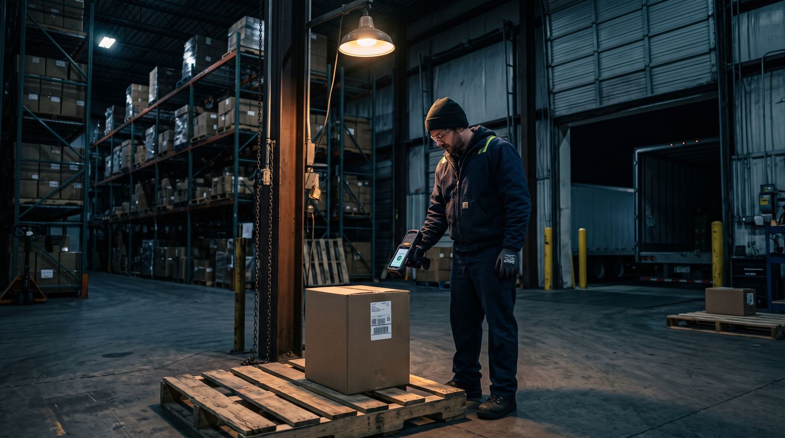 Warehouse worker scanning a returned package at a receiving dock