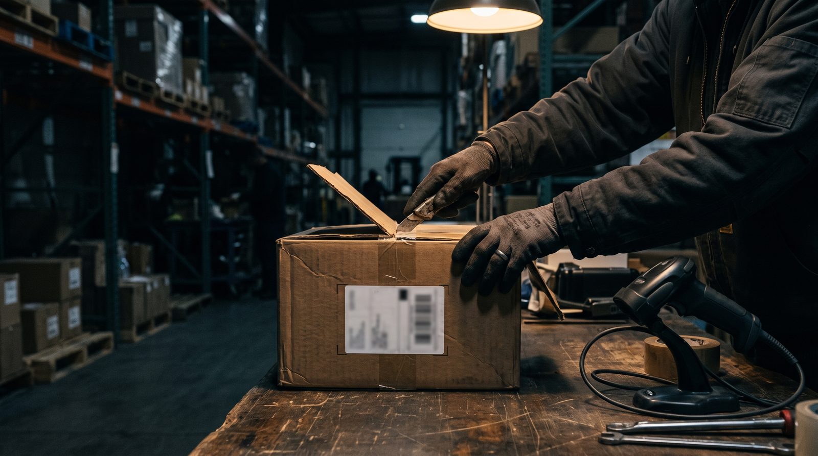 Gloved hands cutting open a returned box at a warehouse receiving station next to a barcode scanner