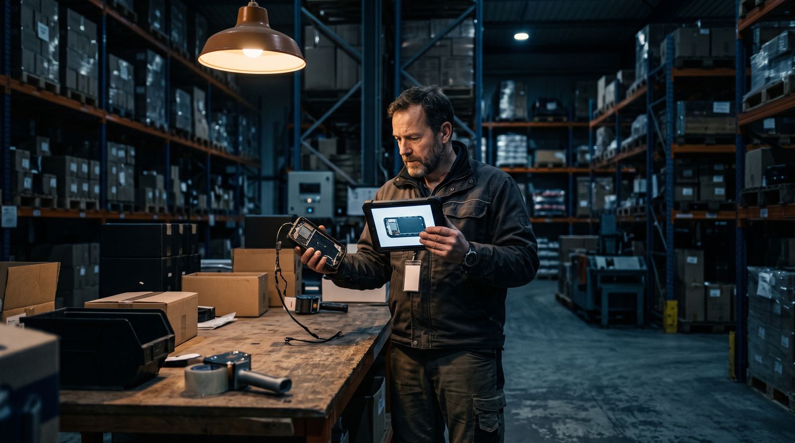 Warehouse worker comparing a returned item against a photo record on a tablet