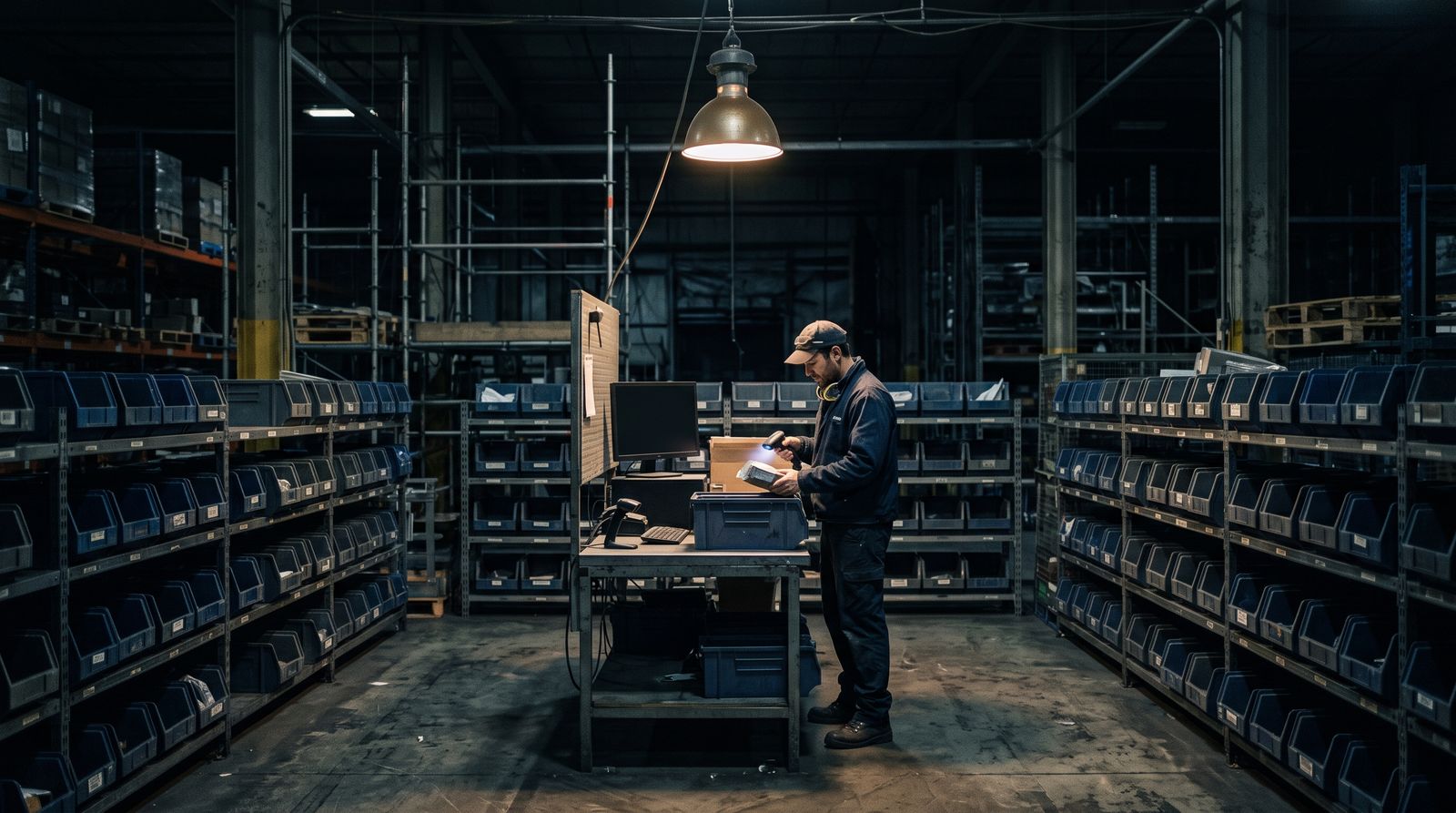Warehouse worker managing returns bins from a central scanning station