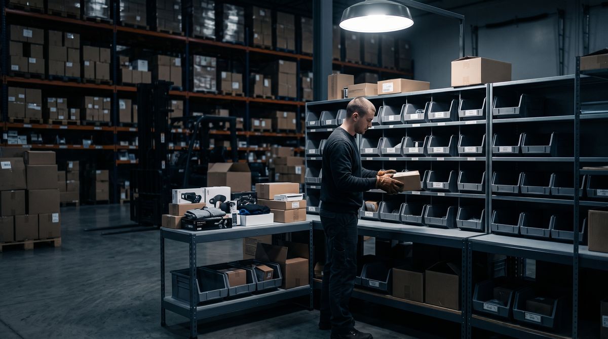 3PL warehouse worker sorting returns into per-client bins