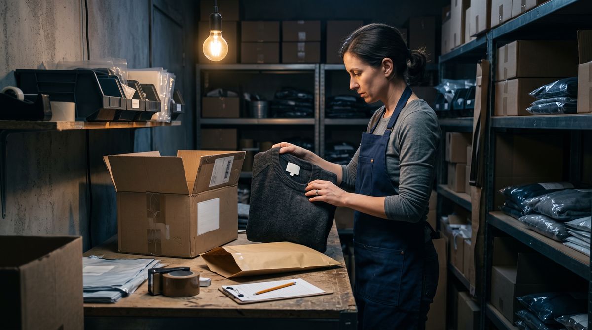 DTC brand fulfillment worker inspecting a returned garment