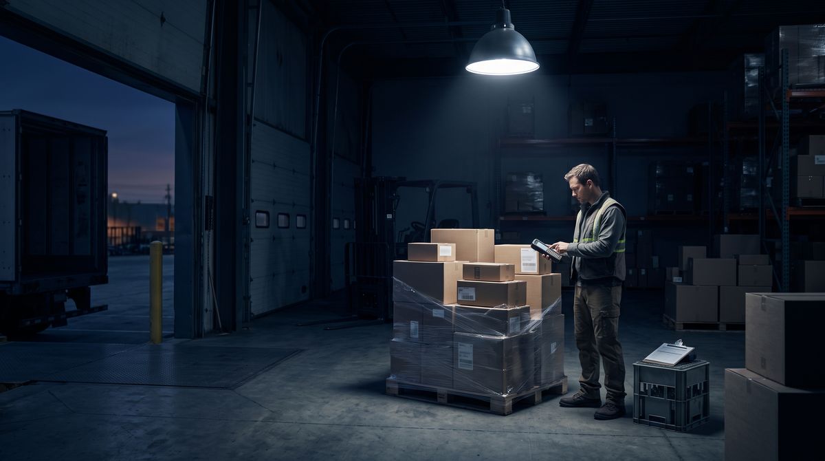 Supplier receiving dock worker scanning a pallet of returns