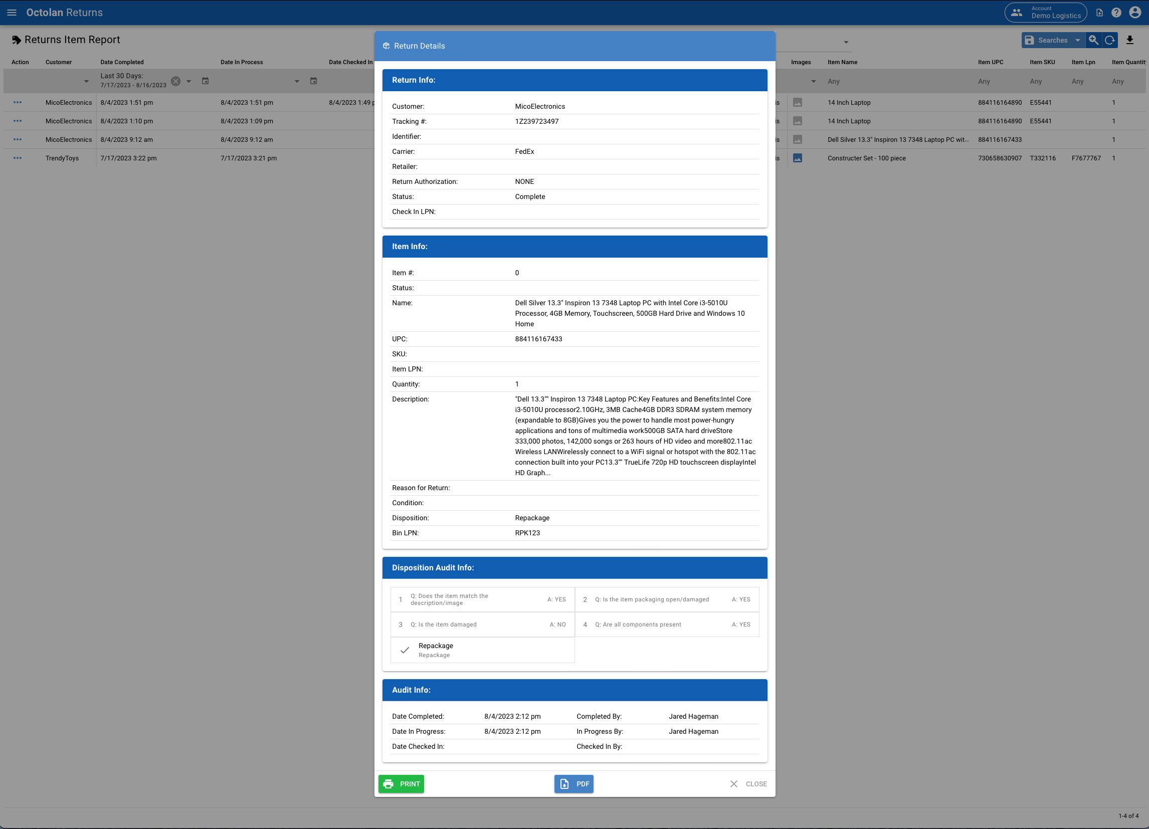 Return detail report